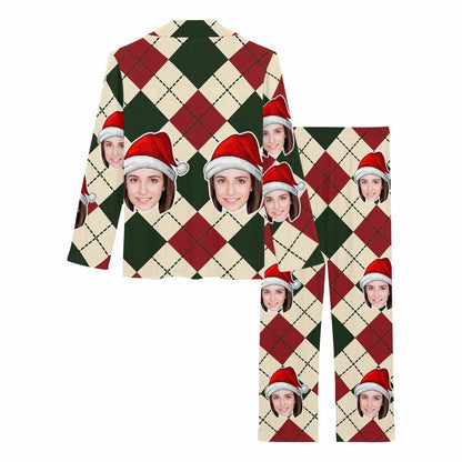 Custom Face Pajamas Red&Green Argyle Sleepwear Personalized Women's Slumber Party Long Pajama Set