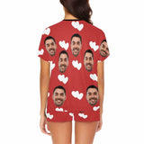 Custom Face Pajamas Red White Love Sleepwear for her Personalized Women's Short Pajama Set