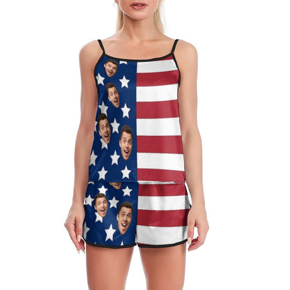 Custom Face Pajamas Stars Strips Flag Sexy Nightwear Personalized Women's Sexy Cami Pajama Set