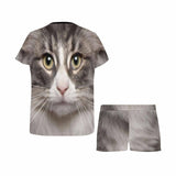 Custom Face Pet Pajamas Gray Cute Kitty Loungewear Personalized Photo Women's Short Pajama Set