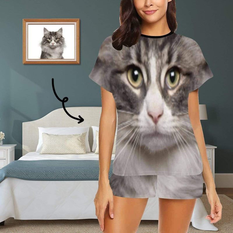 Custom Face Pet Pajamas Gray Cute Kitty Loungewear Personalized Photo Women's Short Pajama Set