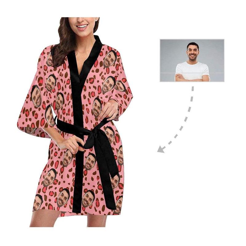 Custom Face Pink Leopard Print Women's Summer Short Nightwear Funny Personalized Photo Pajamas Kimono Robe