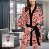 Custom Face Pink Leopard Print Women's Short Funny Pajamas Kimono Robe