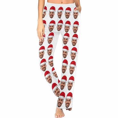 Custom Face Red Christmas Hat Sleepwear Personalized Women's Long Pajama Set Pajama Top&Pajama Bottom