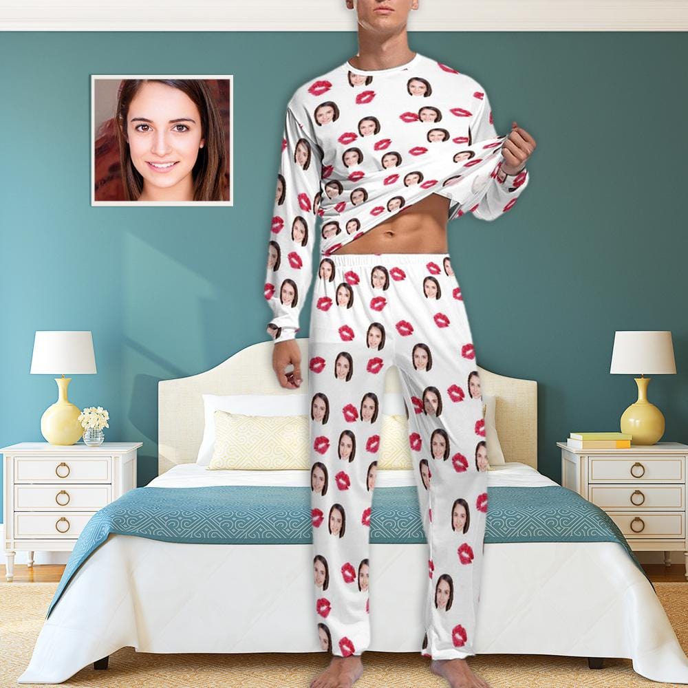 Custom Face Red Lips All Over Print Pajama Set&Couple Matching Pajamas Personalized Photo Pajama Set Sleepwear