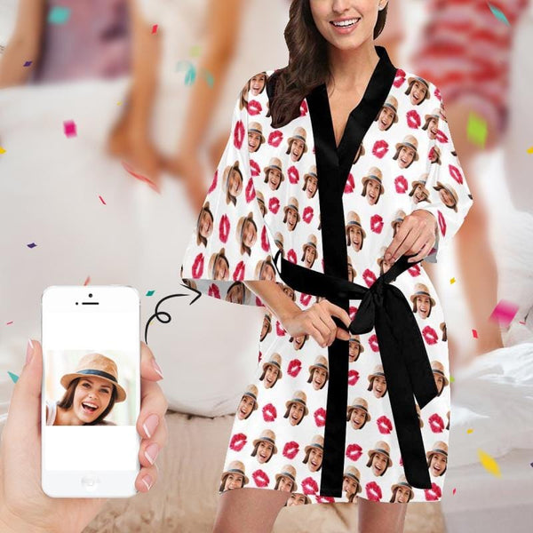 Custom Face Red Lips Women's Short Pajamas Kimono Robe With Photos