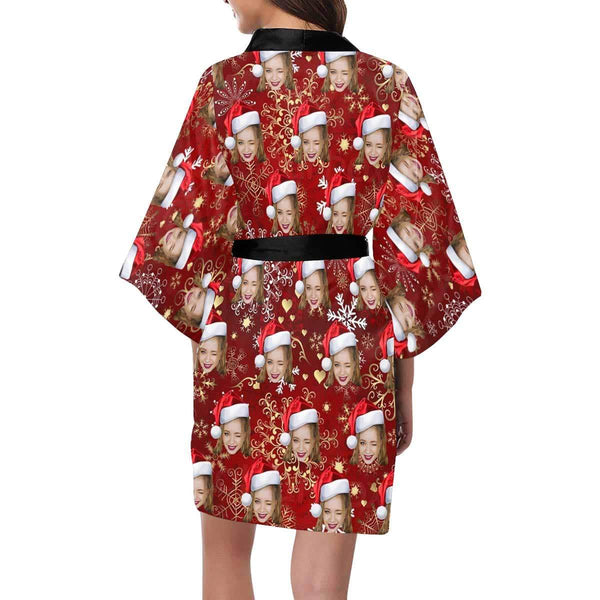 Custom Face Red Snowflake Women's Summer Short Nightwear Funny Personalized Photo Pajamas Kimono Robe