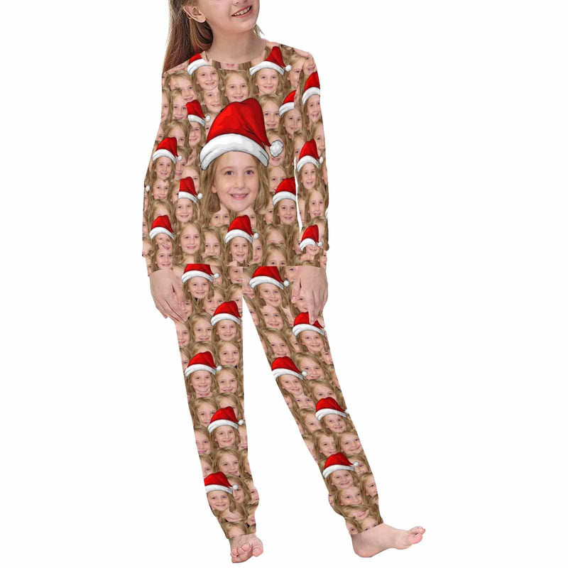 Custom Face Seamless Christmas Hat Sleepwear Personalized Family Slumber Party Matching Long Sleeve Pajamas Set