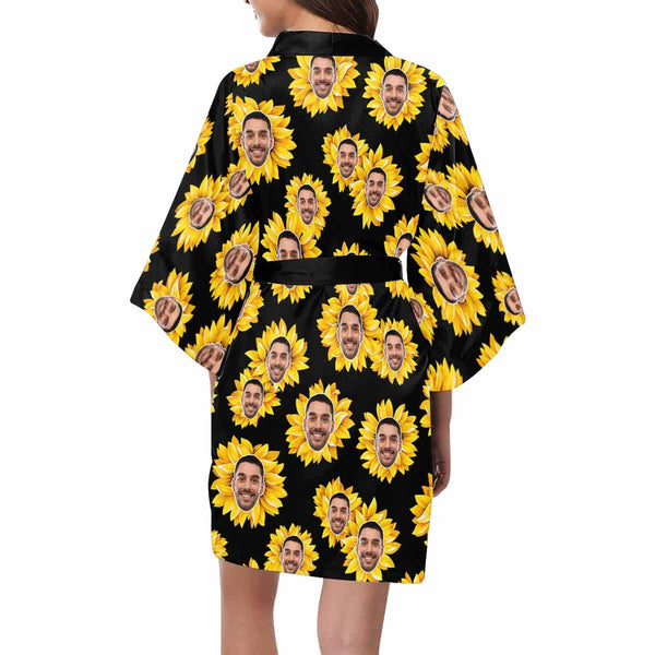 Custom Face Sunflower Yellow Women's Summer Short Pajamas Funny Personalized Photo Pajamas Kimono Robe