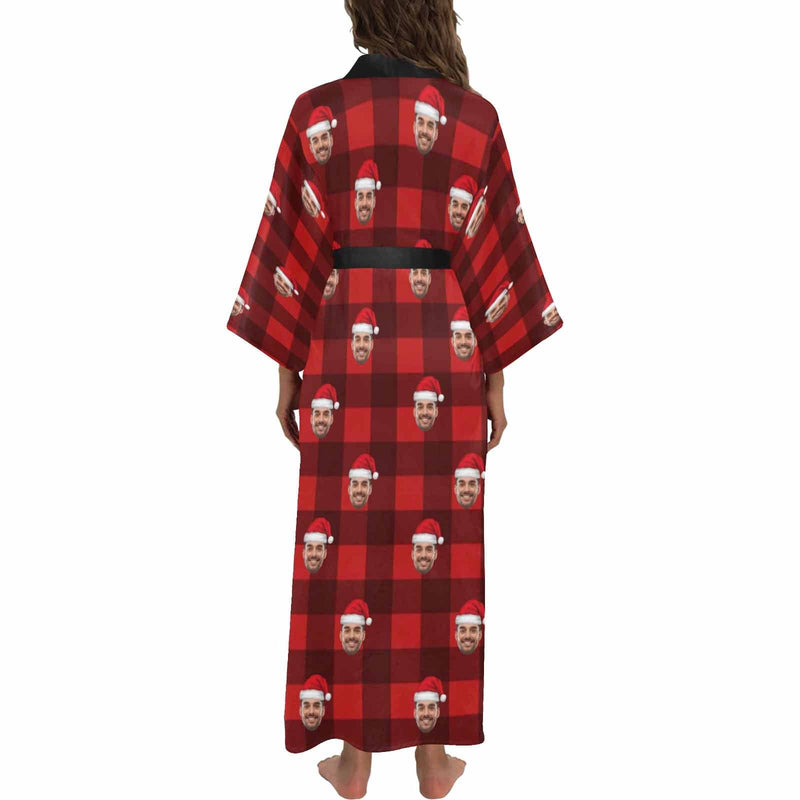 Custom Face Women's Long Pajamas Red Grid Personalized Photo Long Pajamas Kimono Robe for Christmas