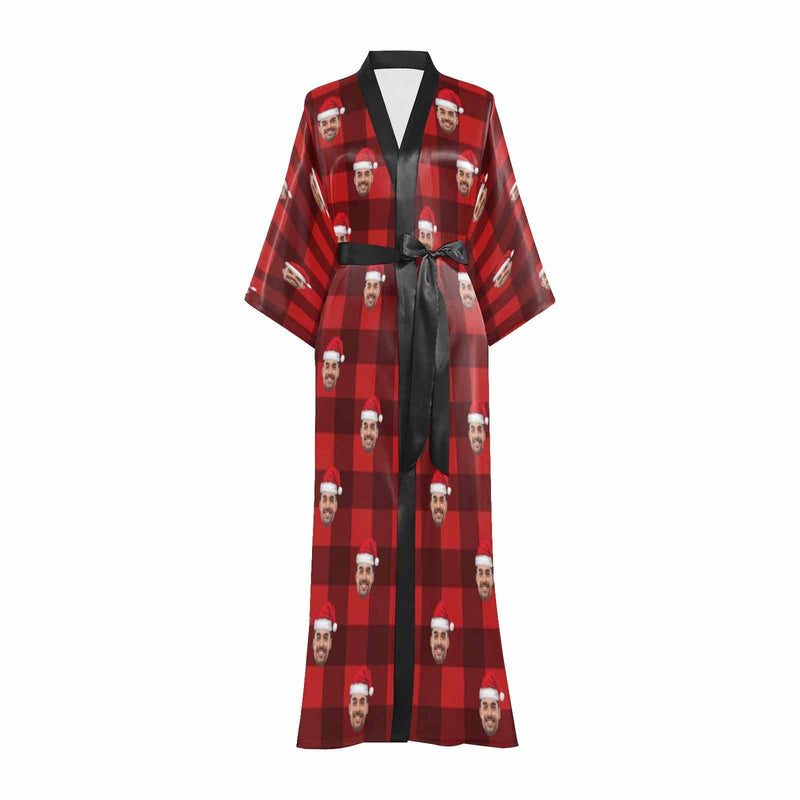 Custom Face Women's Long Pajamas Red Grid Personalized Photo Long Pajamas Kimono Robe for Christmas