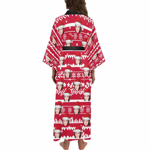 Custom Face Women's Long Pajamas Red Personalized Photo Long Pajamas Kimono Robe for Christmas