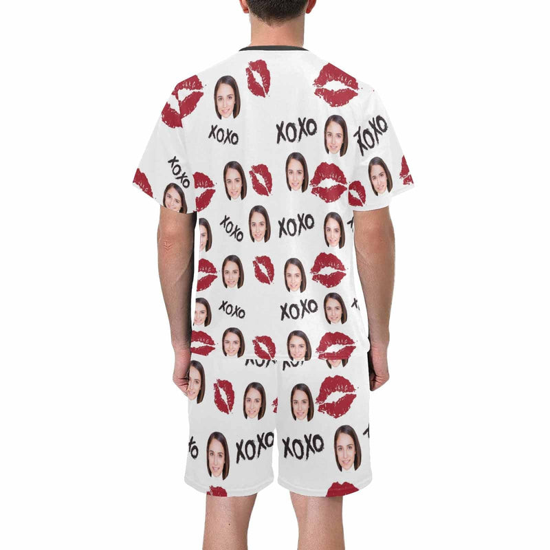 Custom Girlfriend Face Pajamas Personalized Red Lips Men's Crew Neck Short Sleeve Pajama Set with Photo Great Gift for Boyfriend or Husband