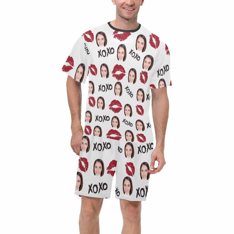 Custom Face Red Lips Men's Pajama Set Personalized Crew Neck Short Sleeve Pajama Set