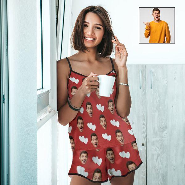 Custom Husband Face Cami Pajamas With Love Red Women's Nightwear Set