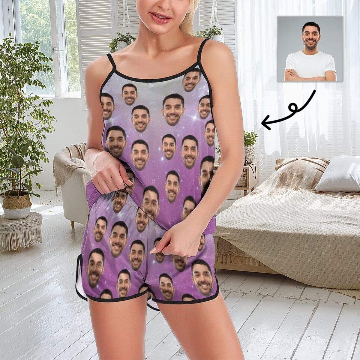 Custom Husband Face Cami Pajamas For Women With Pink Sky Sleepwear