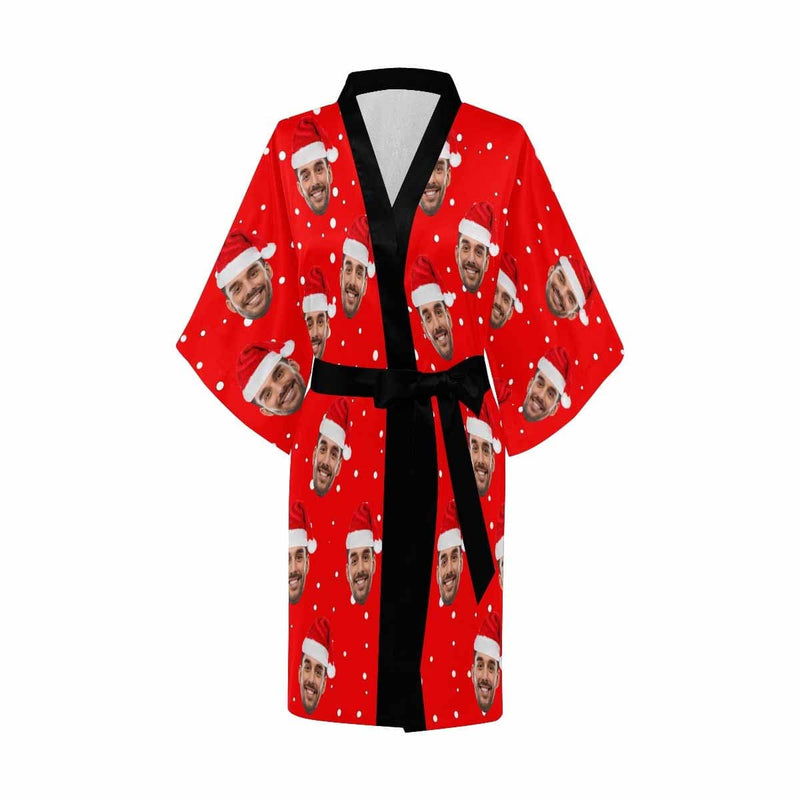 Custom Husband Face Christmas Hat Red Women's Short Pajamas Funny Personalized Photo Pajamas Kimono Robe