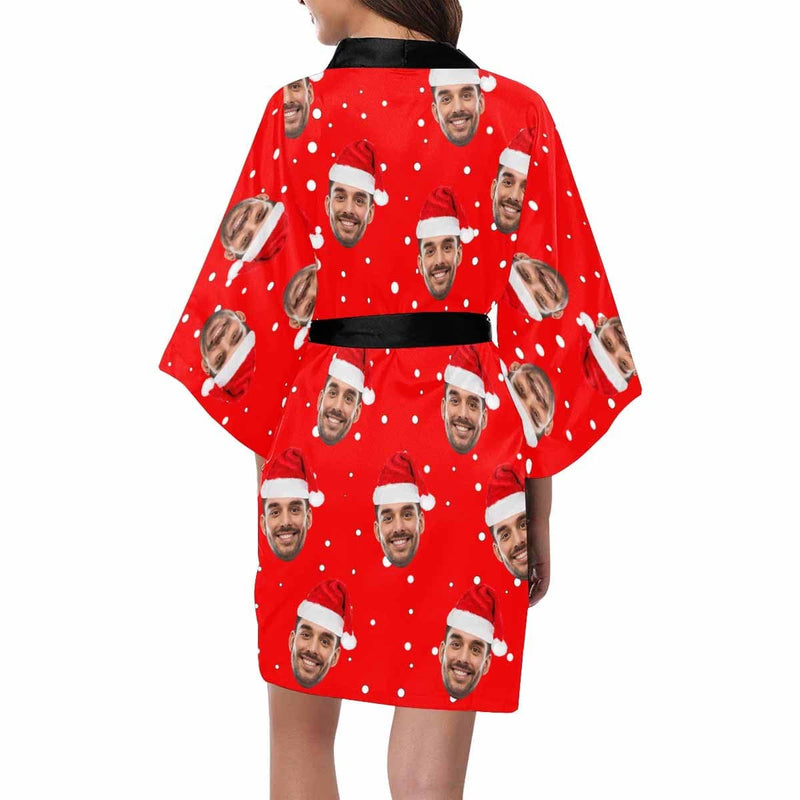 Custom Husband Face Christmas Hat Red Women's Short Pajamas Funny Personalized Photo Pajamas Kimono Robe