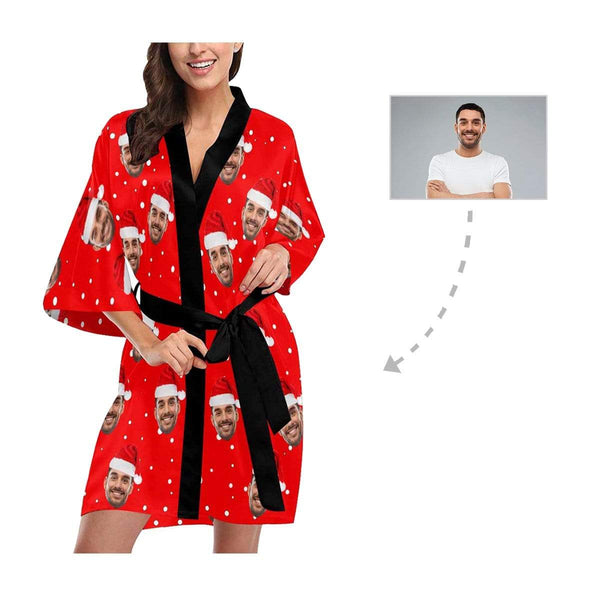 Custom Husband Face Christmas Hat Red Women's Short Pajamas Funny Personalized Photo Pajamas Kimono Robe