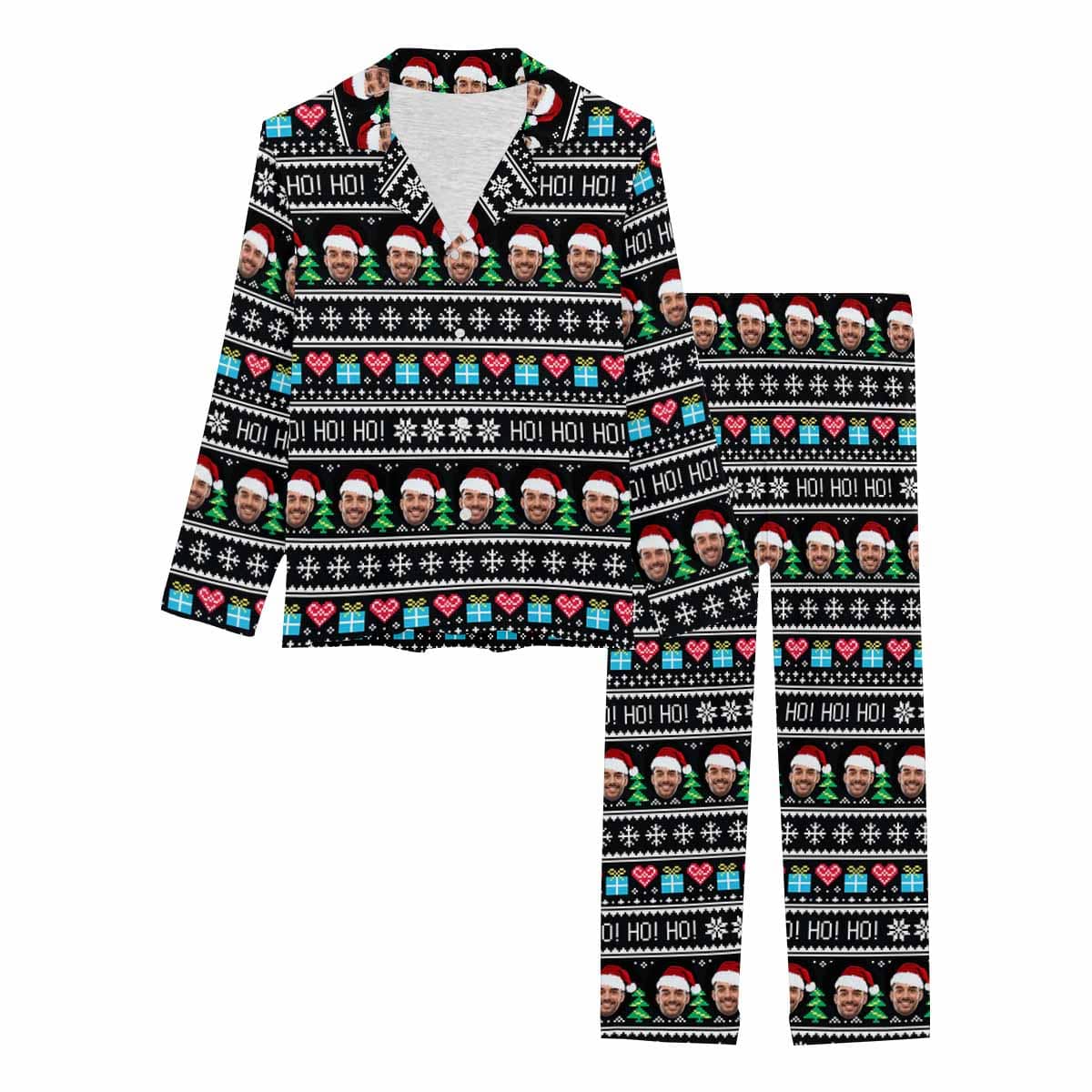 Custom Husband Face Pajamas Christmas Hat Tree Sleepwear Personalized Women's Long Pajama Set