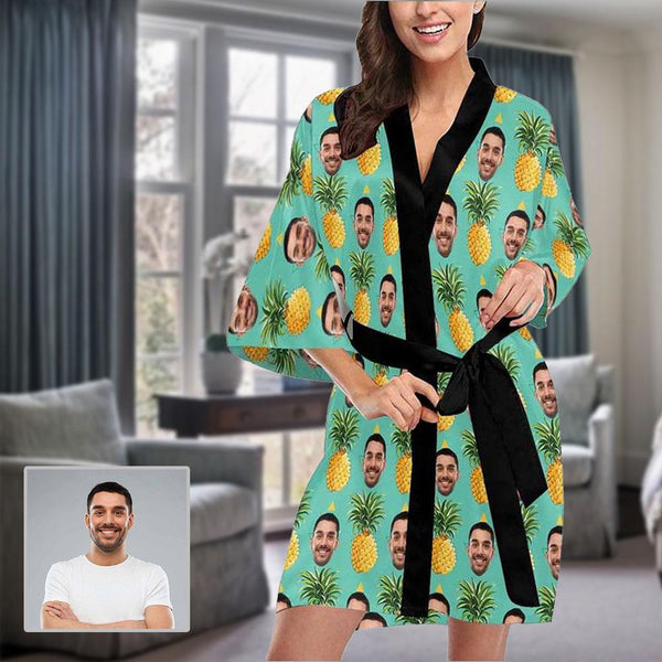 Custom Boyfriend Face Pineapple Short Pajamas Kimono Robe For Women