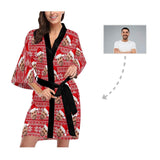 Custom Husband Face Red Christmas Hat Women's Short Pajamas Personalized Photo Pajamas Kimono Robe