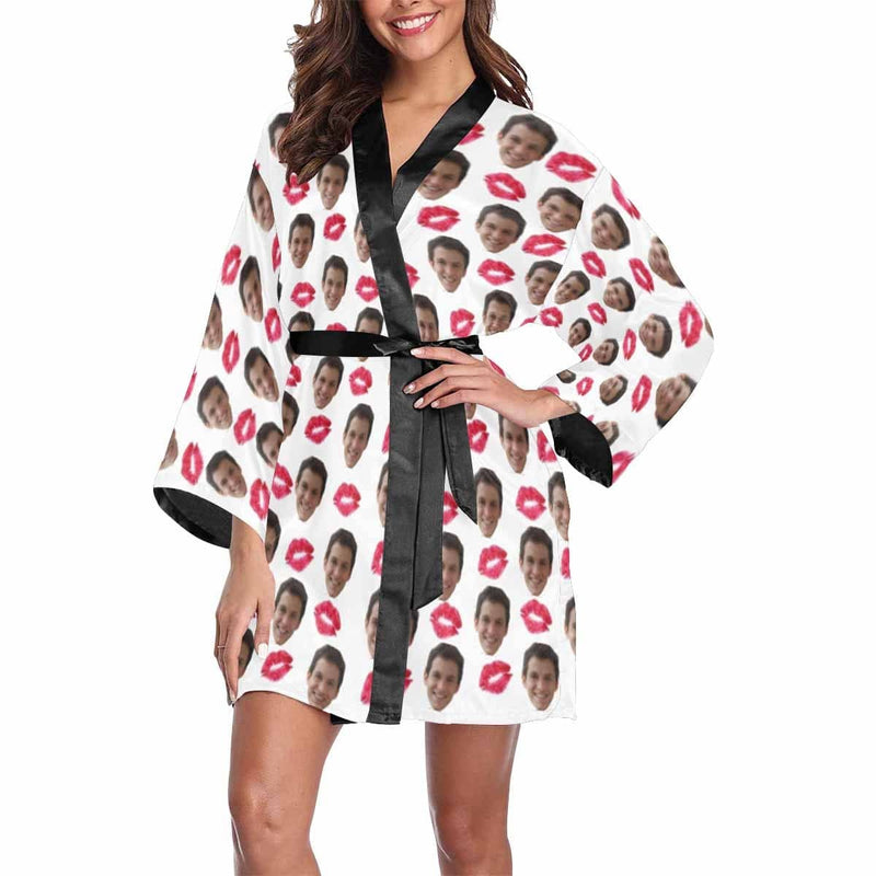 Custom Husband Face Red Lips Women's Summer Short Pajamas Funny Personalized Photo Pajamas Kimono Robe