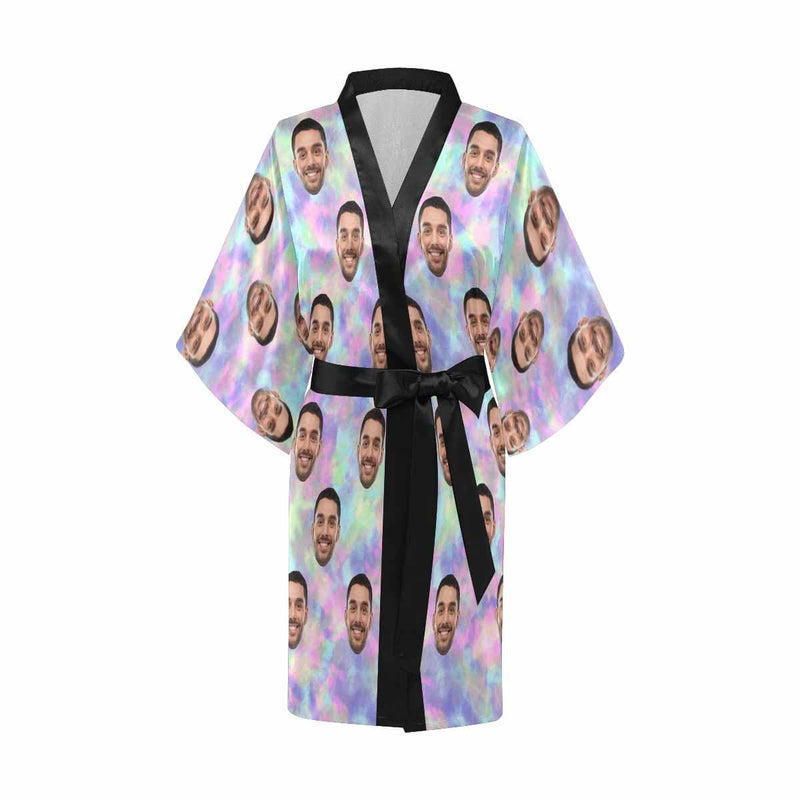 Custom Husband Face Tie-dye Laser Pink Blue Women's Short Pajamas Funny Personalized Photo Pajamas Kimono Robe