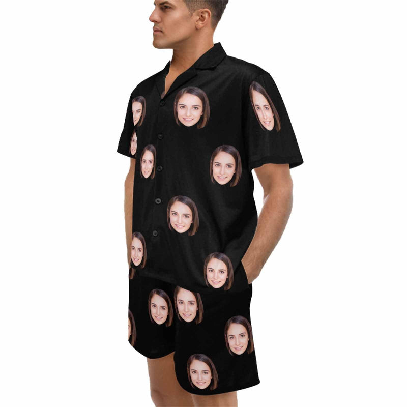 Custom Lover Face Pajamas for Him Summer Loungewear Personalized Men's V-Neck Short Sleeve Pajama Set