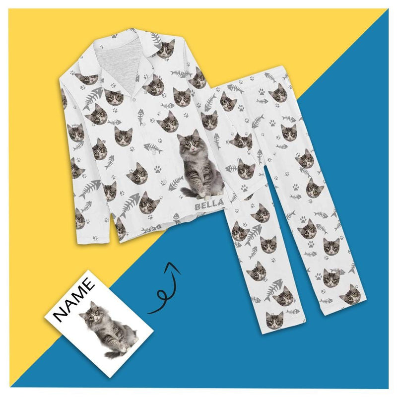 Custom Name&Photo My Pet Cat Paw and Fish Bone Women's Long Pajama Set