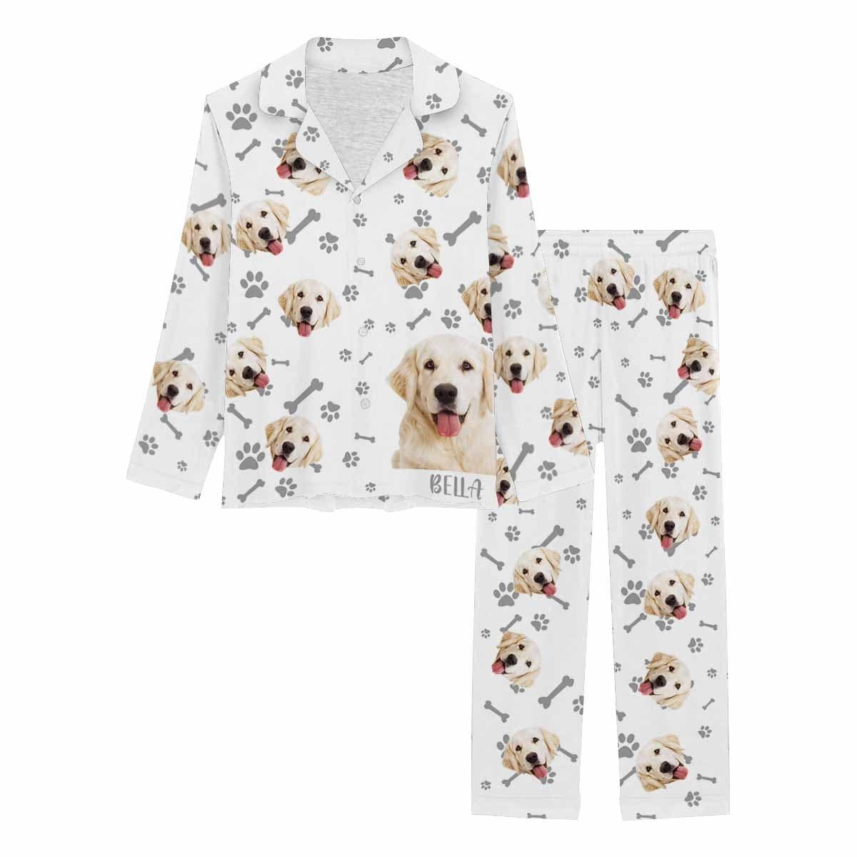 Custom Name&Photo Pajamas My Pet Cat Paw and Fish Bone Sleepwear Personalized Women's Long Pajama Set