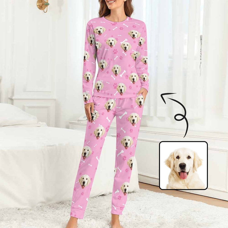 Custom Dog's Face Bone & Footprint Crewneck Long Pajamas Set For Women