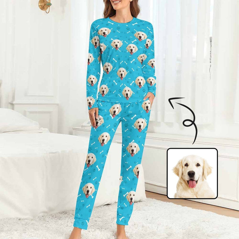 Custom Pet Dog's Face Bone & Footprint Sleepwear Personalized Women's Slumber Party Crewneck Long Pajamas Set