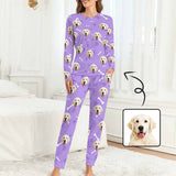 Custom Pet Dog's Face Bone & Footprint Sleepwear Personalized Women's Slumber Party Crewneck Long Pajamas Set