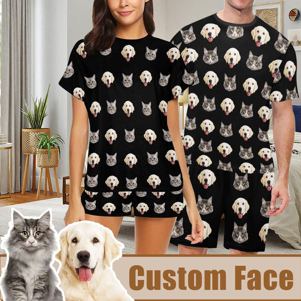 Custom Pet Face Couple Pajamas Dog&Cat Couple Matching Short Pajama Set