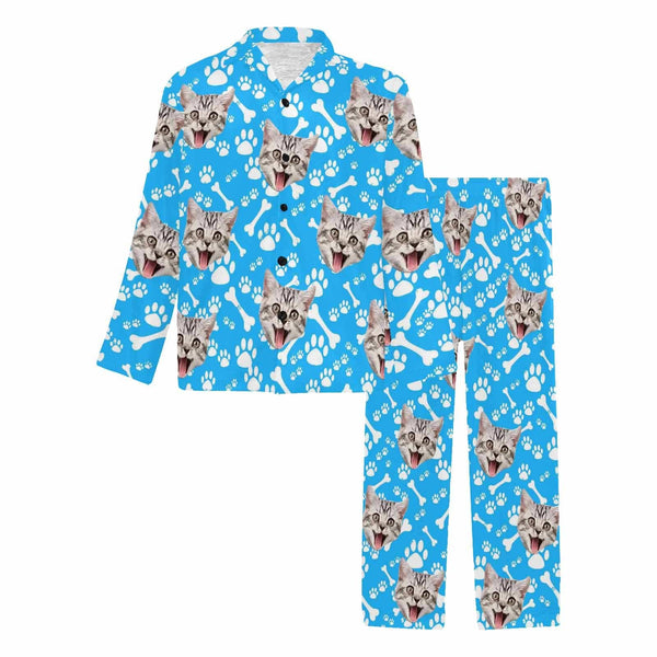 Custom Pet Face Lovely Cat Blue Black Persoanlized Sleepwear Men's Long Pajama Set