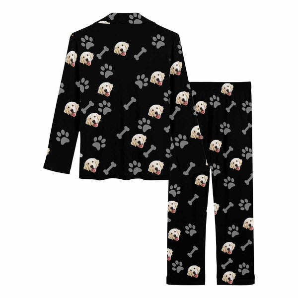 Custom Pet Face Pajamas Dog Paw Black Background Sleepwear Personalized Women's Long Pajama Set