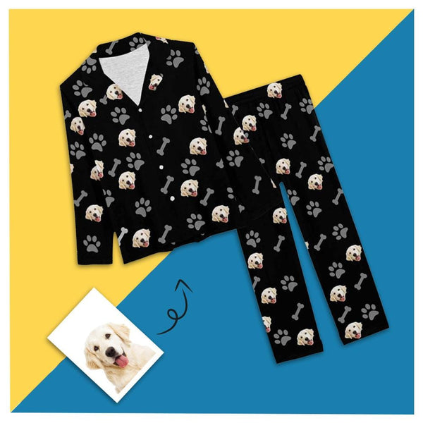 Custom Women's Long Pajama Set With Pet Face Dog Paw Black Background