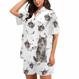 Custom Pet Matching Pajamas Personalized Face Dog&Cat Couple Matching V-Neck Short Pajama Set Gifts for Couples