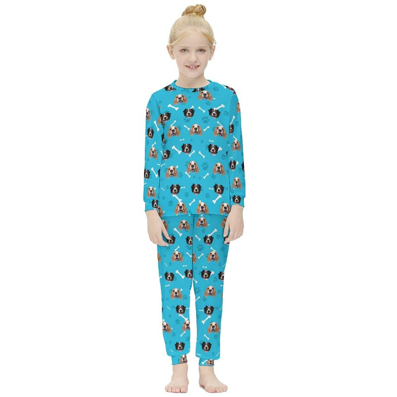 Personalized Kid's Long Sleeve Pajamas Set for 6-12Y Custom Pet Face Blue Bone Nightwear