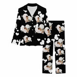 Custom Photo Black Background Pajamas Sweety Couple Love Heart Sleepwear Personalized Women's Long Pajama Set