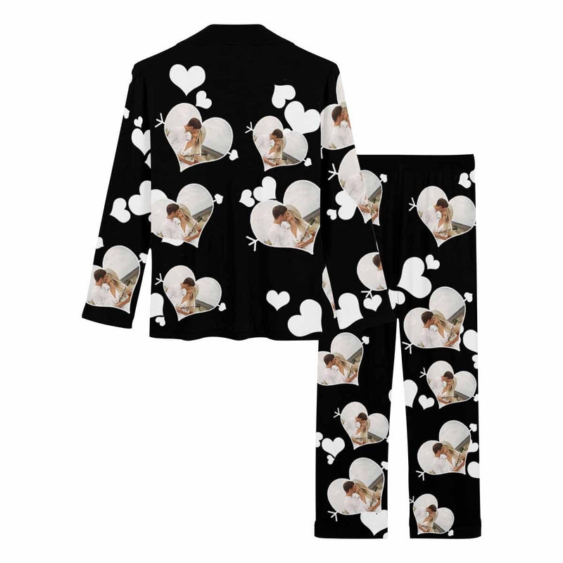 Custom Photo Black Background Pajamas Sweety Couple Love Heart Sleepwear Personalized Women's Long Pajama Set