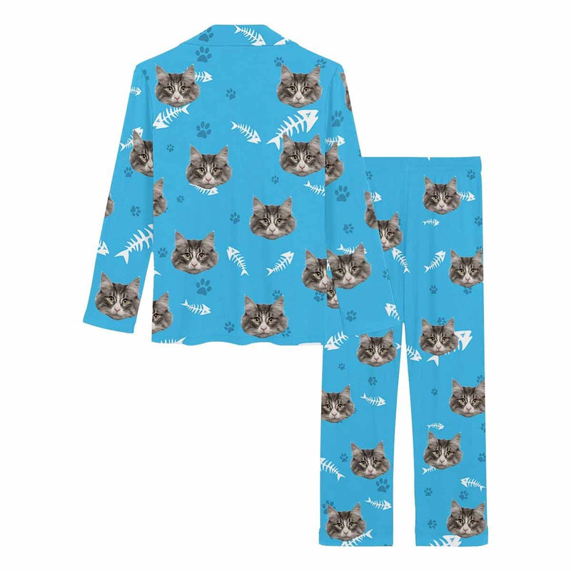 Custom Photo Cat Paw and Fish Bone Sleepwear Personalized Women's Slumber Party Long Pajama Set