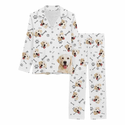 Custom Photo Pajamas My Pet Dog Paw and Bone White Background Sleepwear Personalized Women's Long Pajama Set