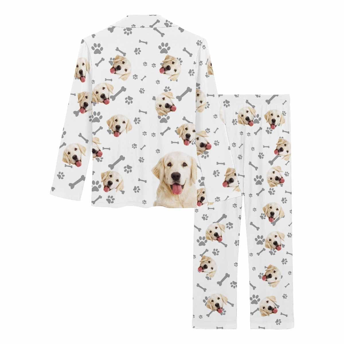 Custom Photo Pajamas My Pet Dog Paw and Bone White Background Sleepwear Personalized Women's Long Pajama Set