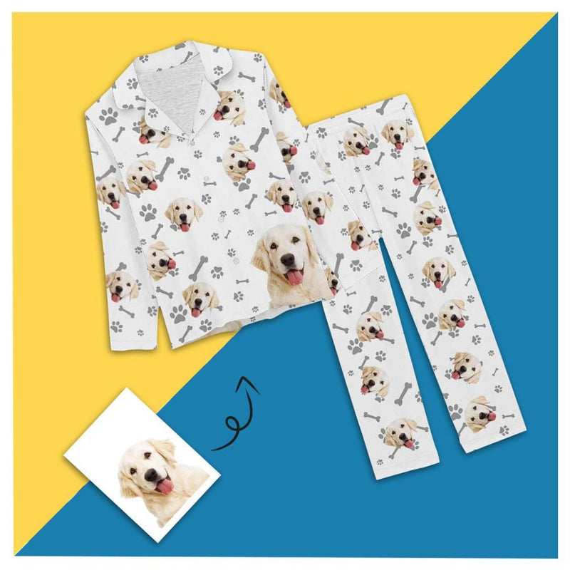 Custom Photo My Pet Dog Paw and Bone White Long Pajama Set For Women