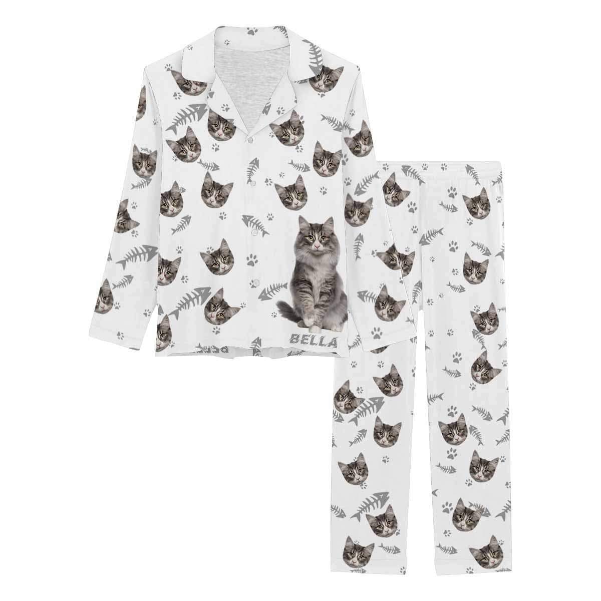 Custom Photo Pajamas My Pet Dog Paw and Bone White Background Sleepwear Personalized Women's Long Pajama Set