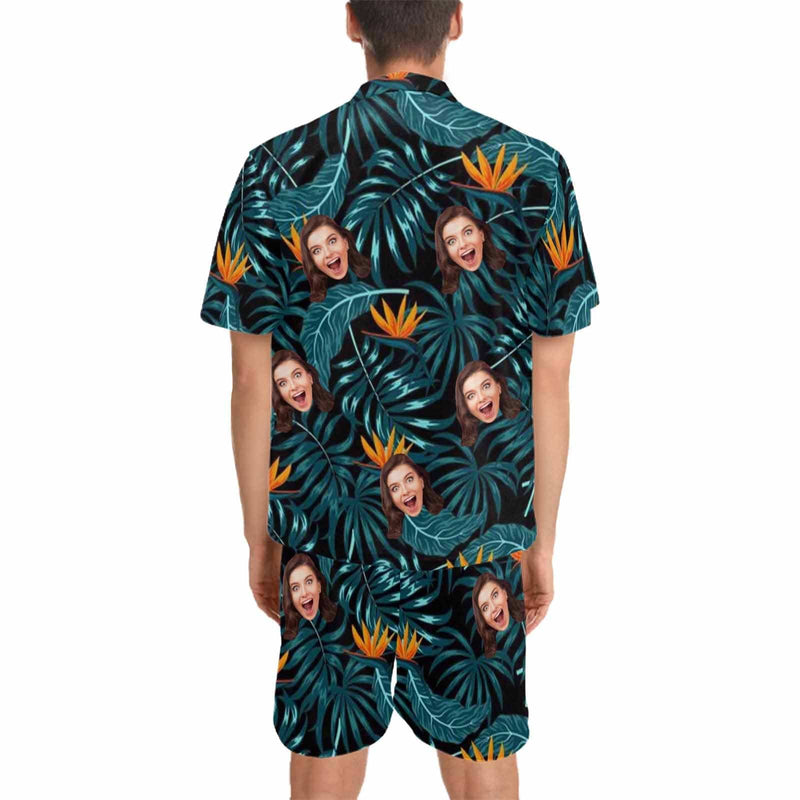 Custom Photo Pajamas Palm Leaves Summer Loungewear Personalized Men's V-Neck Short Sleeve Pajama Set