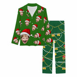 Custom Son Face Pajamas Green Christmas Hat Sleepwear Personalized Women's Slumber Party Long Pajama Set