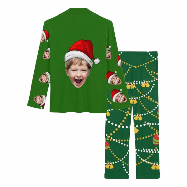 Custom Son Face Pajamas Green Christmas Hat Sleepwear Personalized Women's Slumber Party Long Pajama Set